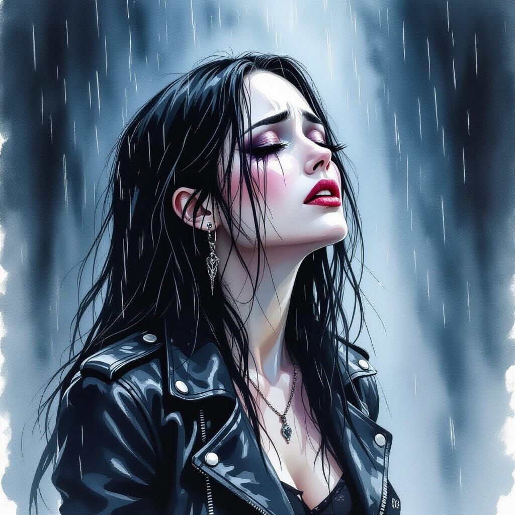 Vampire Woman Crying in the Rain Watercolor