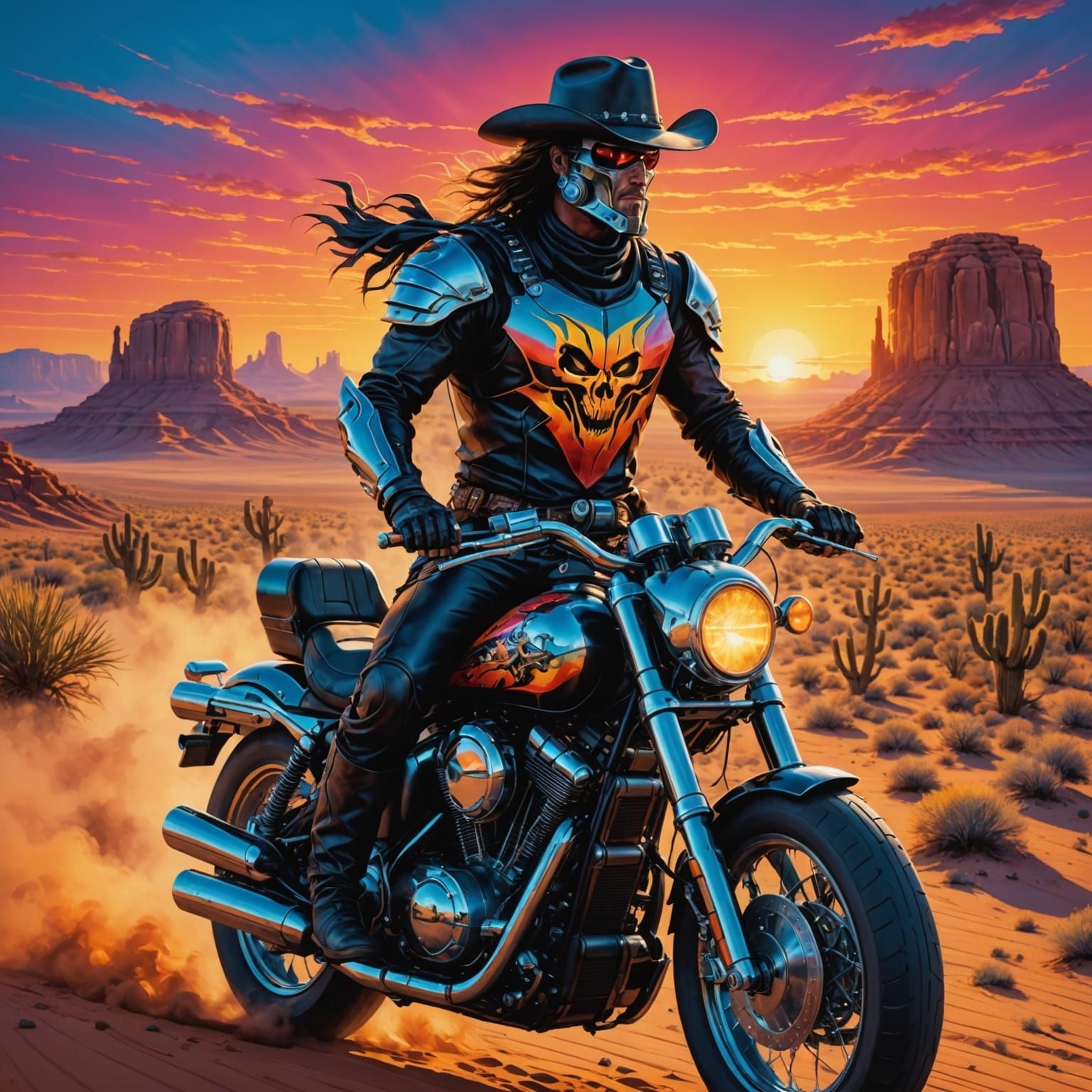Cowboy on Robot Horse Motorcycle Tank, Airbrush Art