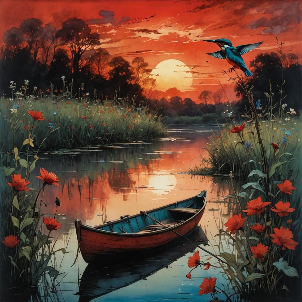 Kingfisher Hunting at Sunset: Color Print Art