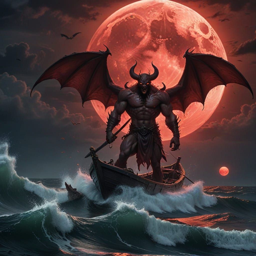 Menacing Presence in Devil's Sea Under Blood Moon