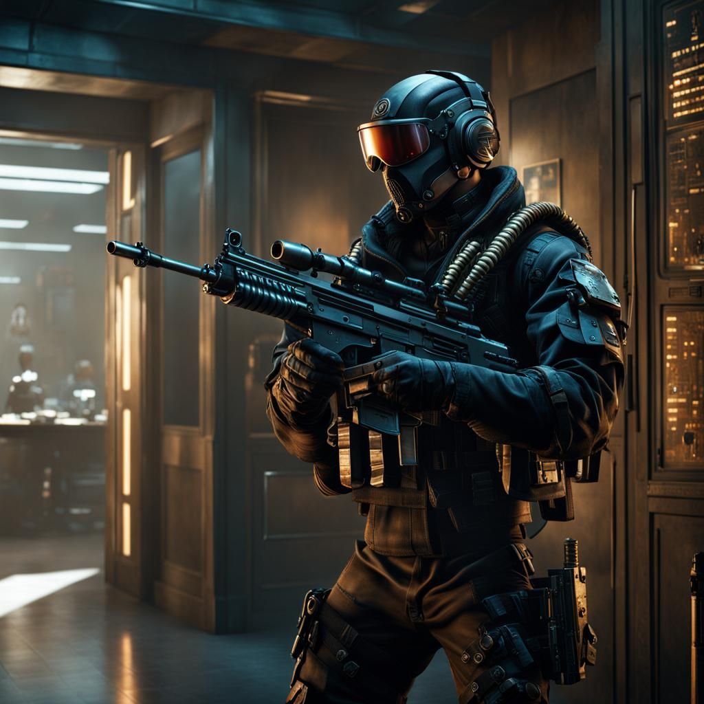 Cyberpunk Cyborg Mercenary in Office Entrance