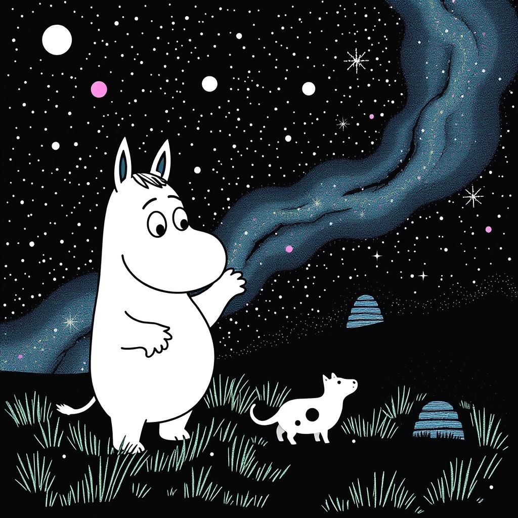 Abstract Moomin with Glitch Art and Constellations