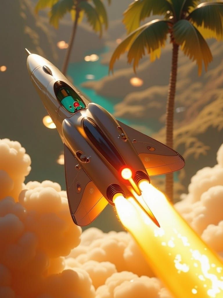 Vintage Futuristic Thunderbird 3 Blast Off in Art Nouveau St...