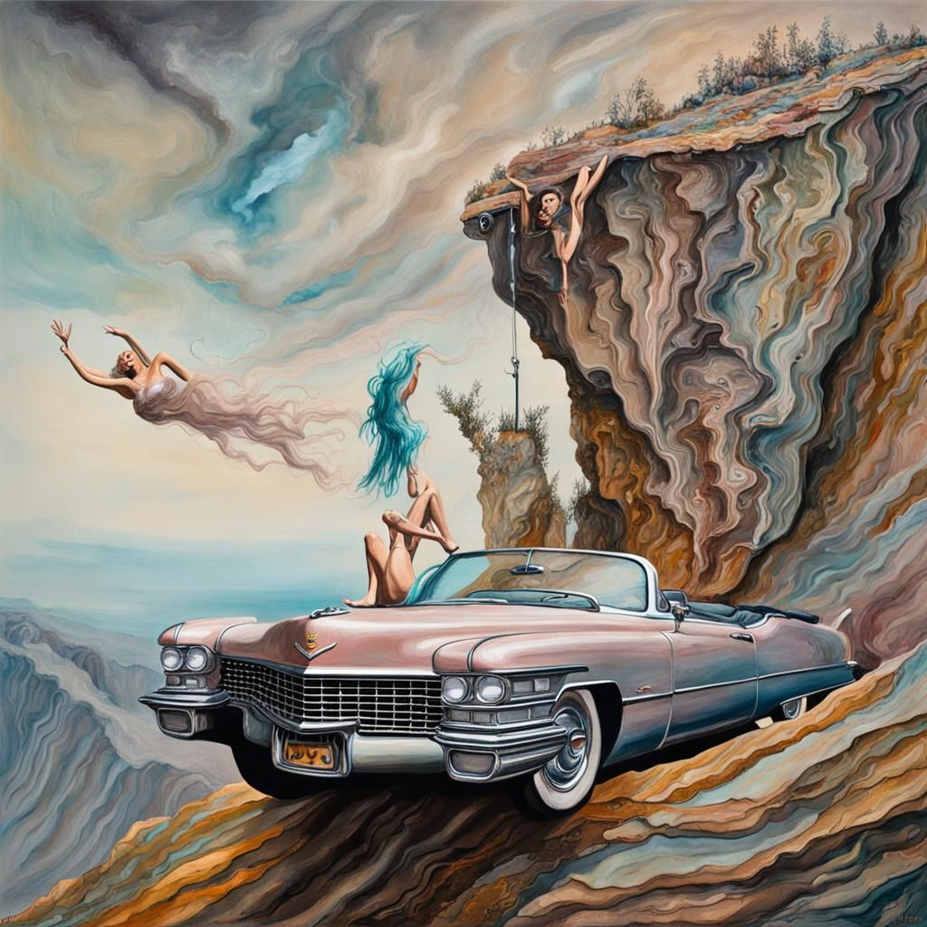 Surreal Woman's Cadillac Plunge: Mixed Media Painting