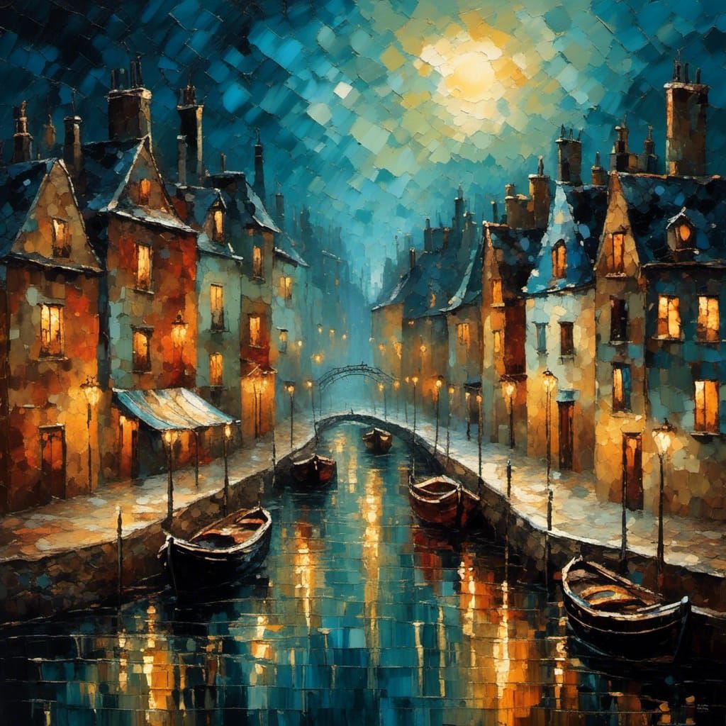 Charming Fishing Village Harbor in Impasto Oil Painting