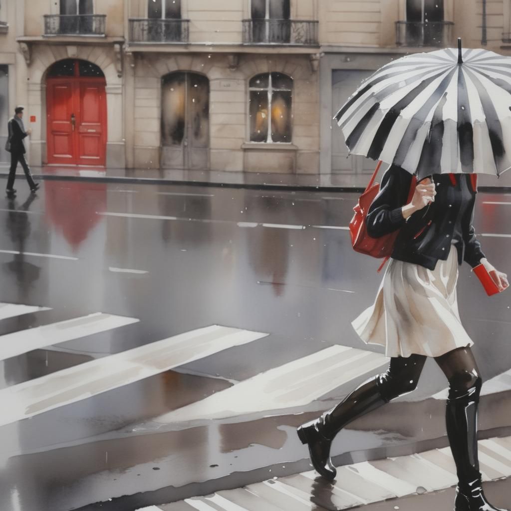Rainy Paris Street Scene in Watercolor Style