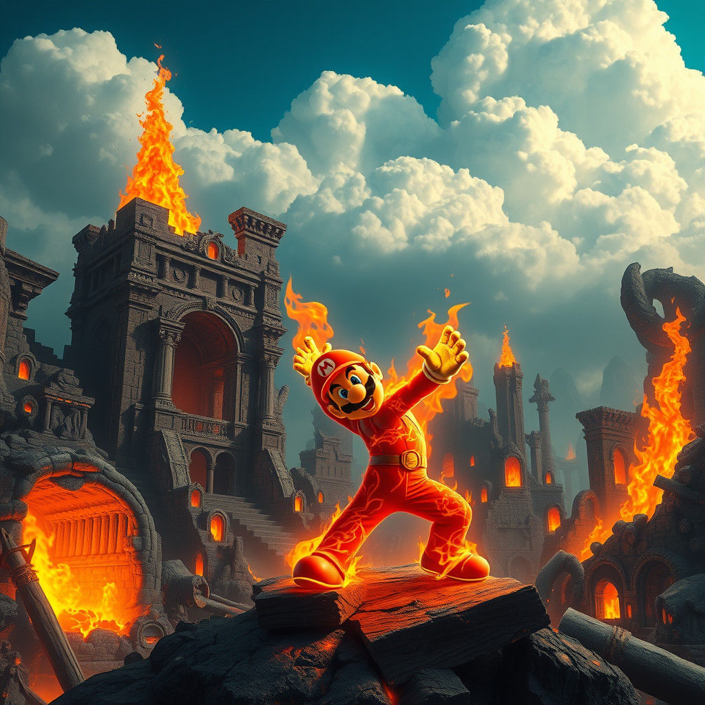 Fire Mario in Ruined Landscape, Matte Painting