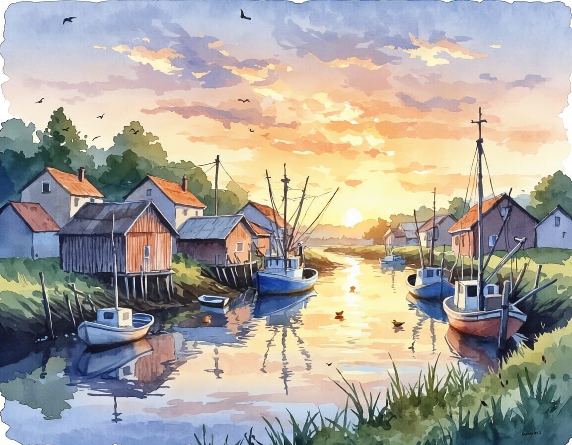Sleepy Fishing Village Watercolor Painting at Sunrise