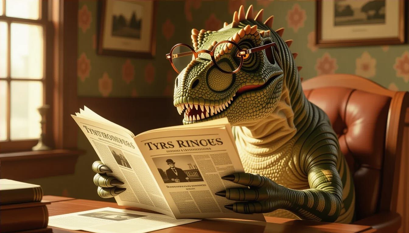 T-Rex Reads the News in Rockwell Style