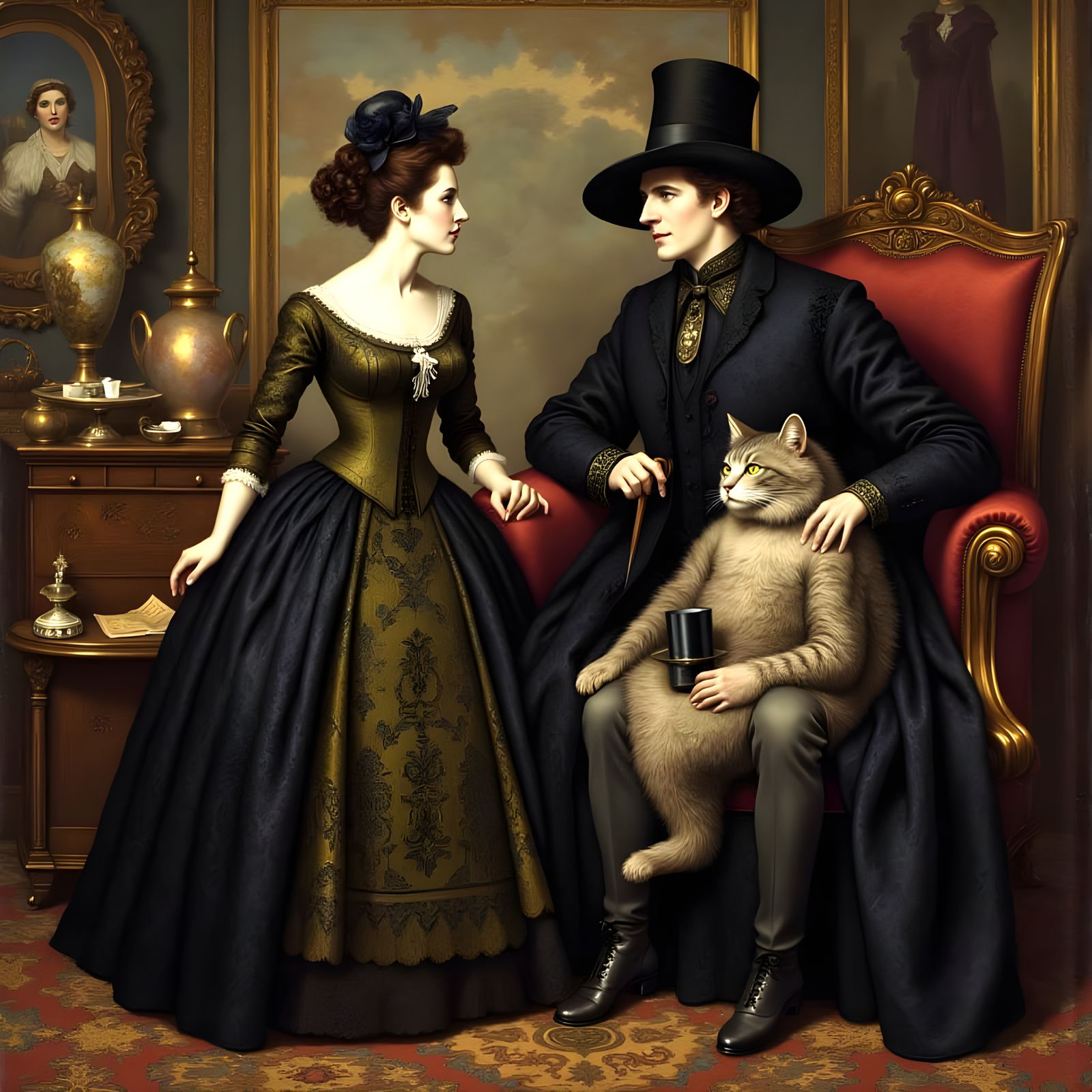 Woman and Evil Witch Laugh with Joy at Husband's Feline Fate