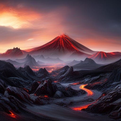 Volcanic Wasteland Landscape in Digital Painting Style
