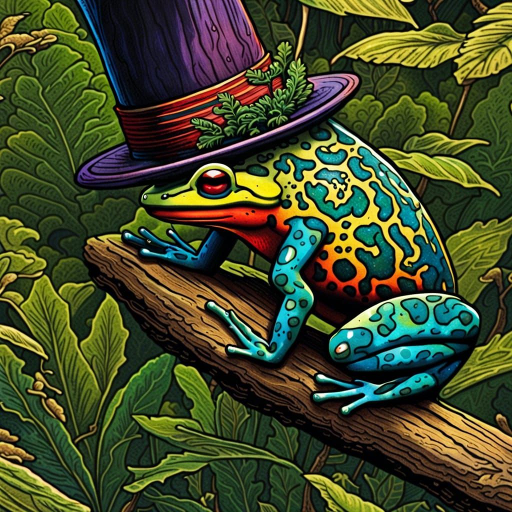 Dart Frog with Top Hat in Wood Art Style