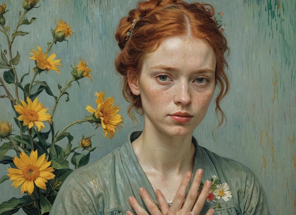 Expressionistic Portrait of Woman with Flowers in Van Gogh S...