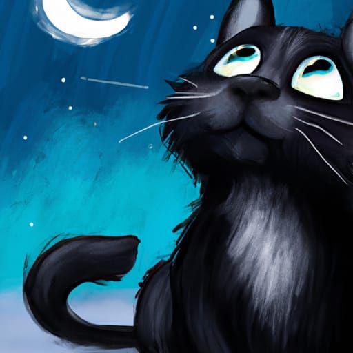 Black Cat Gazing at Moonlit Sky Illustration