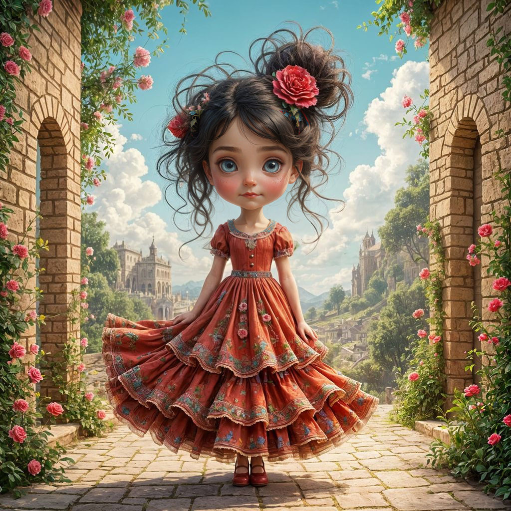 Whimsical Spanish Girl in a Vibrant Bohemian Landscape