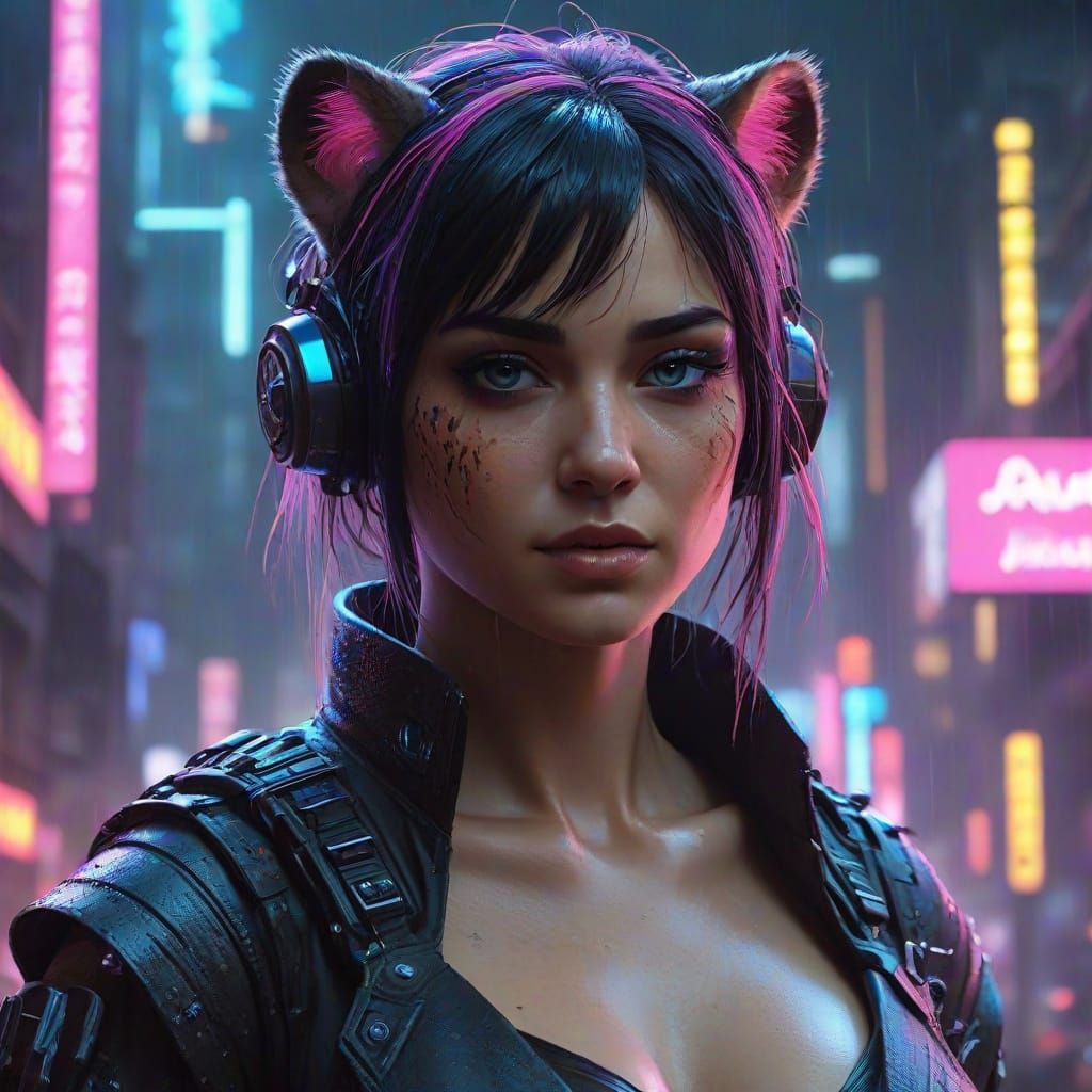 Cyberpunk Anime Tiger Woman Portrait in Neon Cityscape
