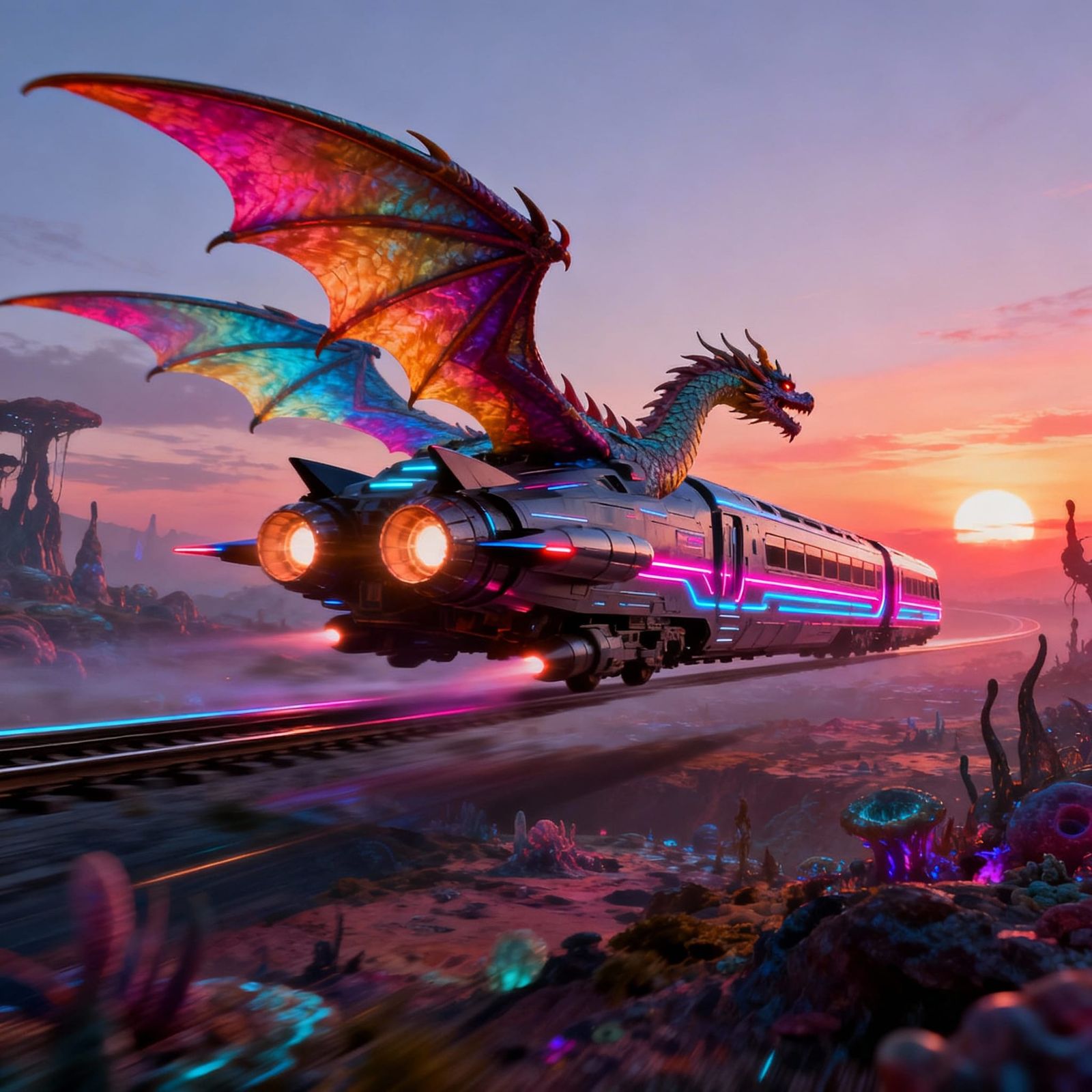 Futuristic Jet Train with Dragon Wings Soars Through Alien S...