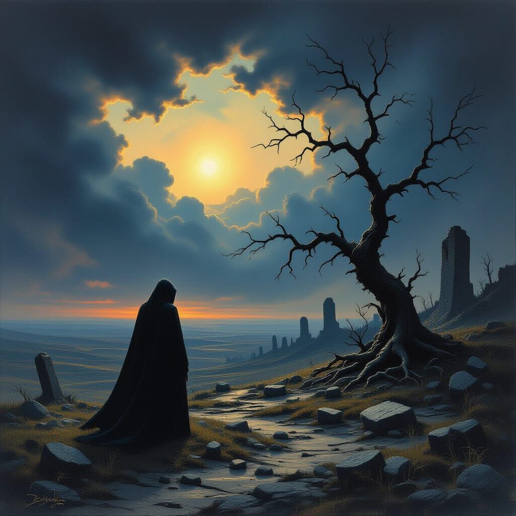 Cloaked Figure on Desolate Moor Under Twilight Sky