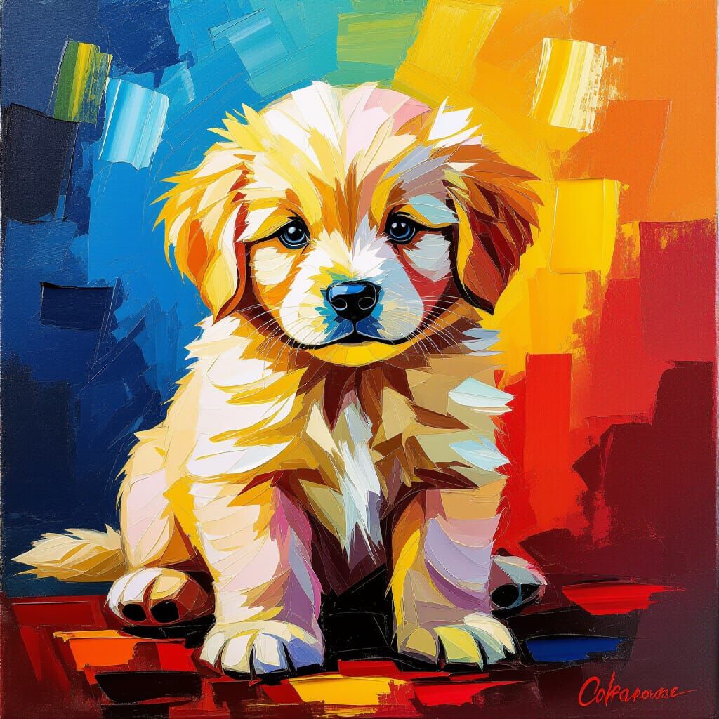 Golden Retriever Puppy Impasto Oil Painting