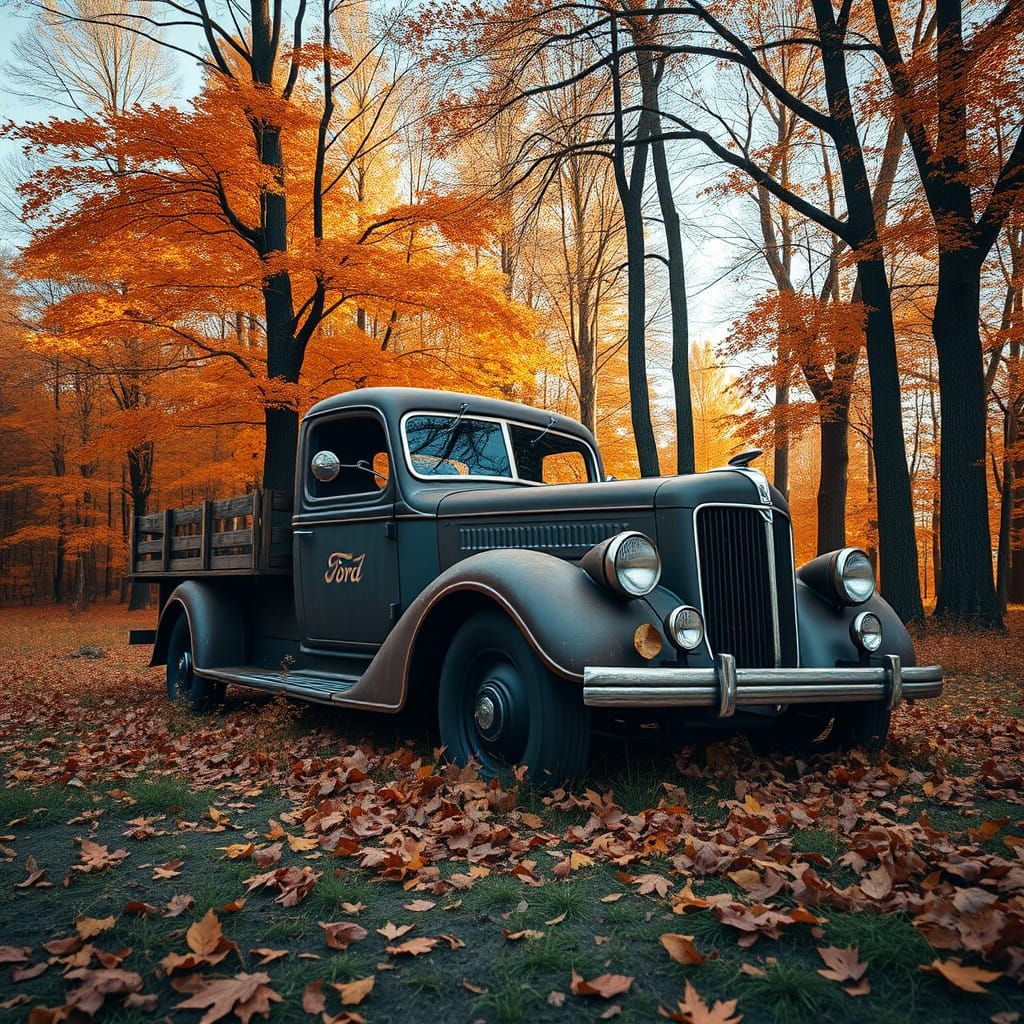 Vintage Ford Truck Abandoned in Autumnal Landscape