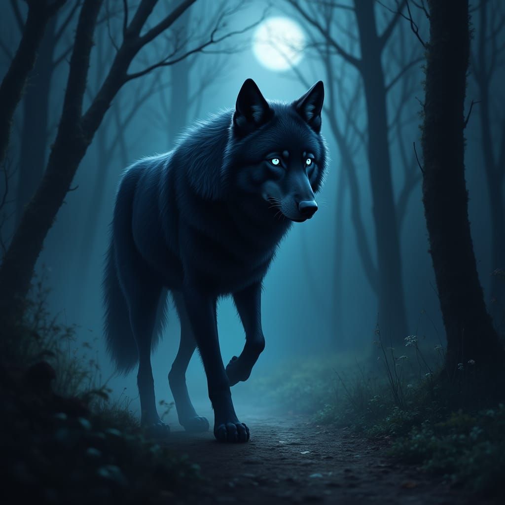 Mystical Black Wolf Emerges into Lunar Moonlight