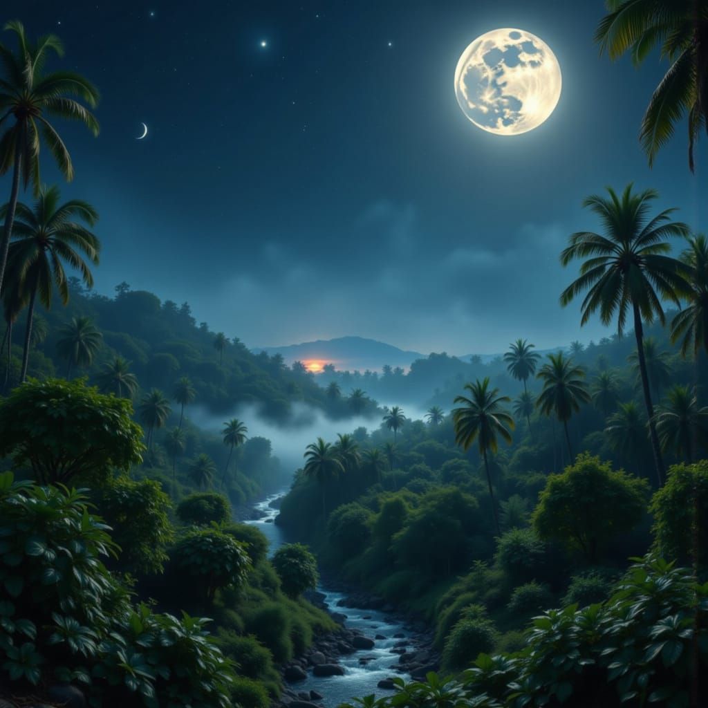 Starry Night Over Lush Rainforest with Hidden Monkeys