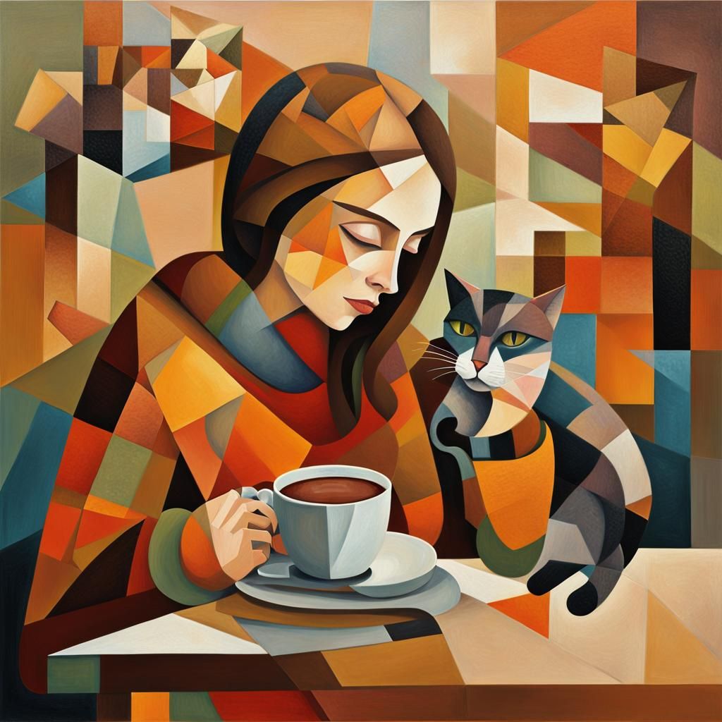 Cubist Girl Sipping Coffee with Cat