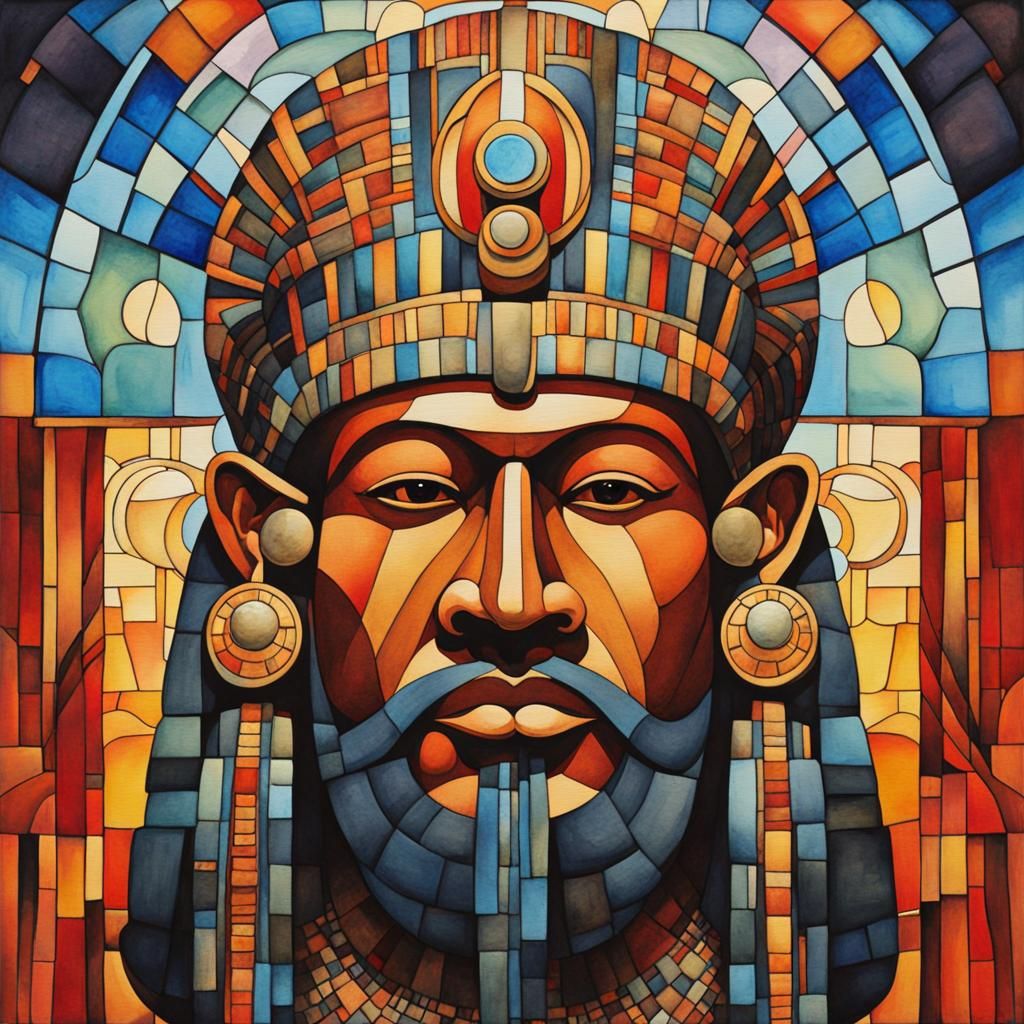 Olmec Pharaoh Fusion in Psychedelic Art Nouveau Style
