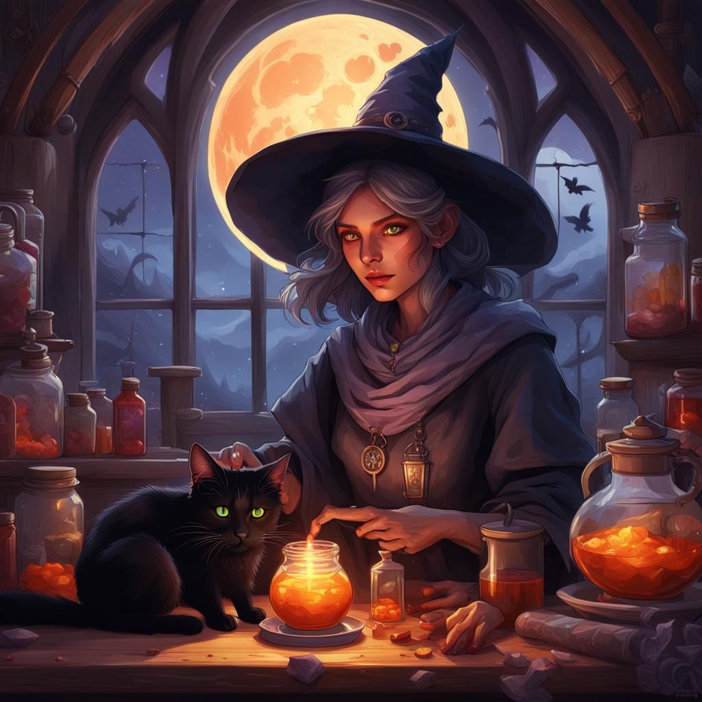 Enchanting Witch Brews Potion Under Moonlight