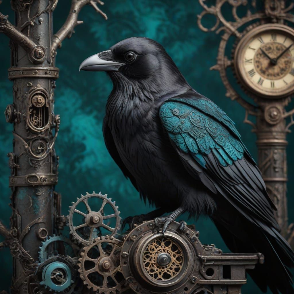 Gothic Steampunk Raven Portrait with Clockwork Tree