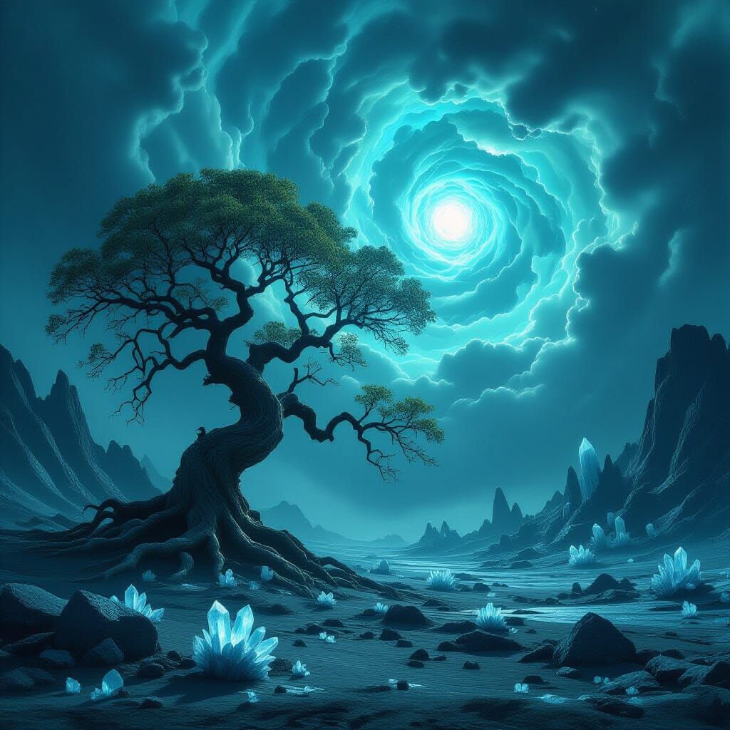 Ancient Tree on Alien Planet with Bioluminescent Sky