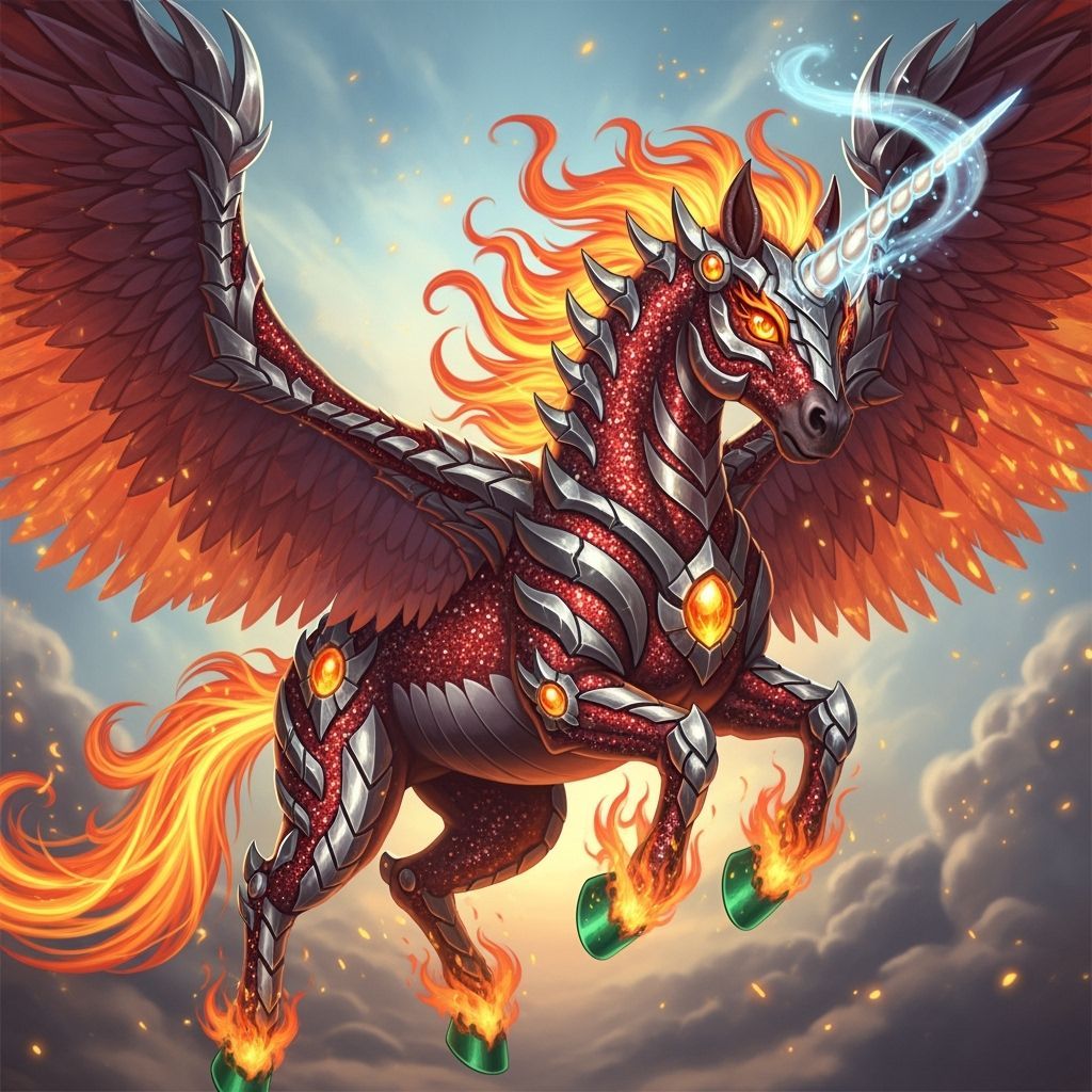 Fiery Unicorn with Emerald Hooves and Pearl Horn