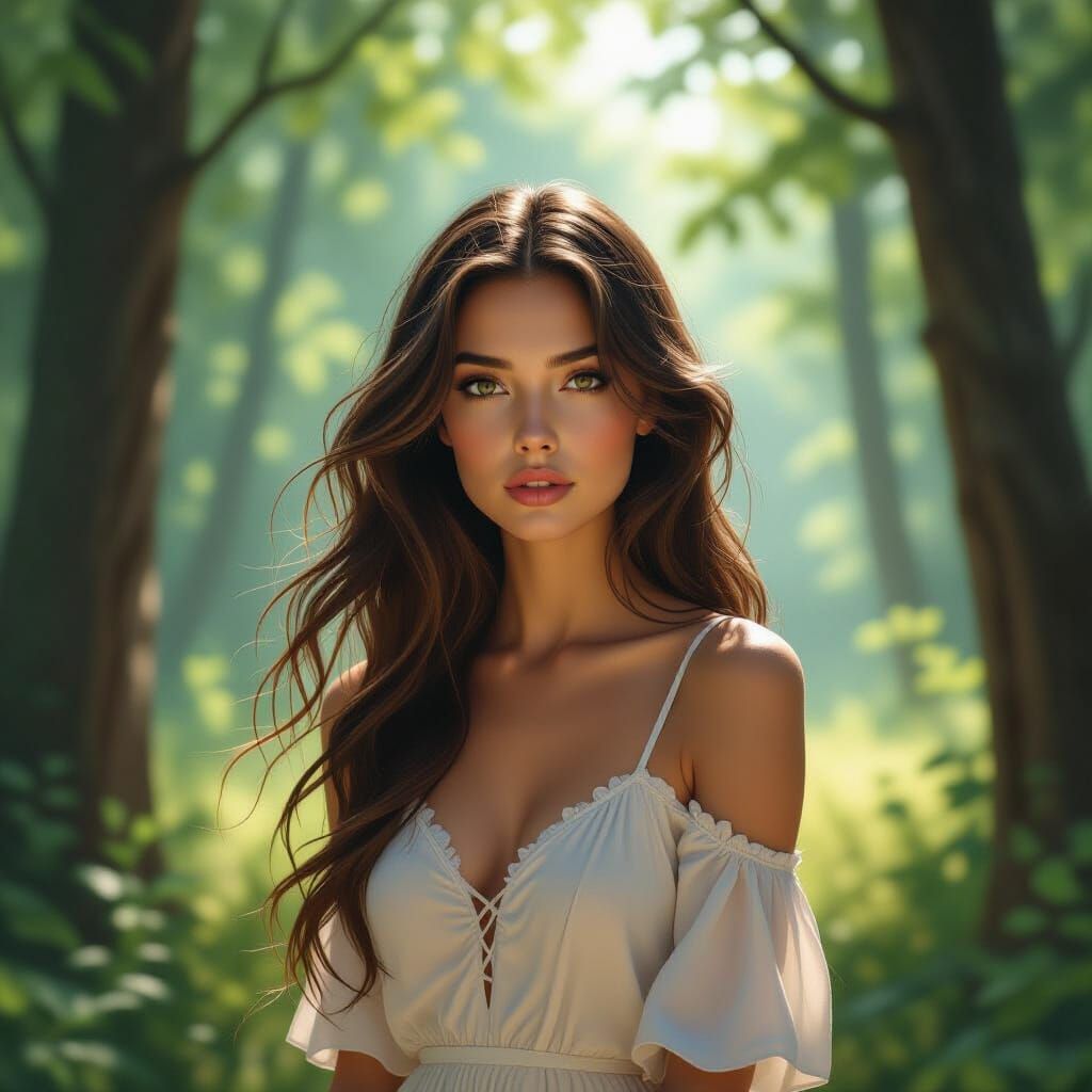 Woman in Forest: Cinematic and Contemplative Scene