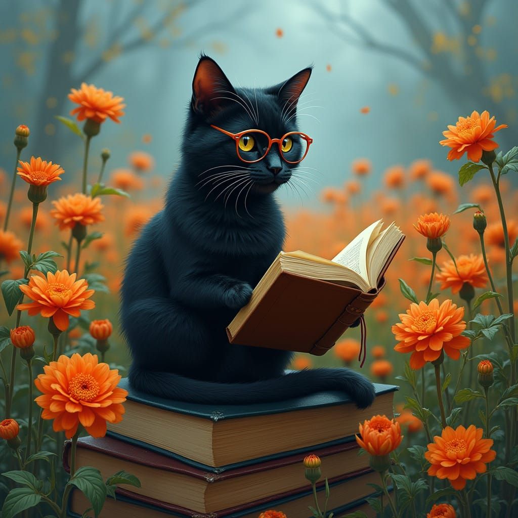 Dreamy Feline Scholar in a Whimsical Garden of Orange Dahlia...