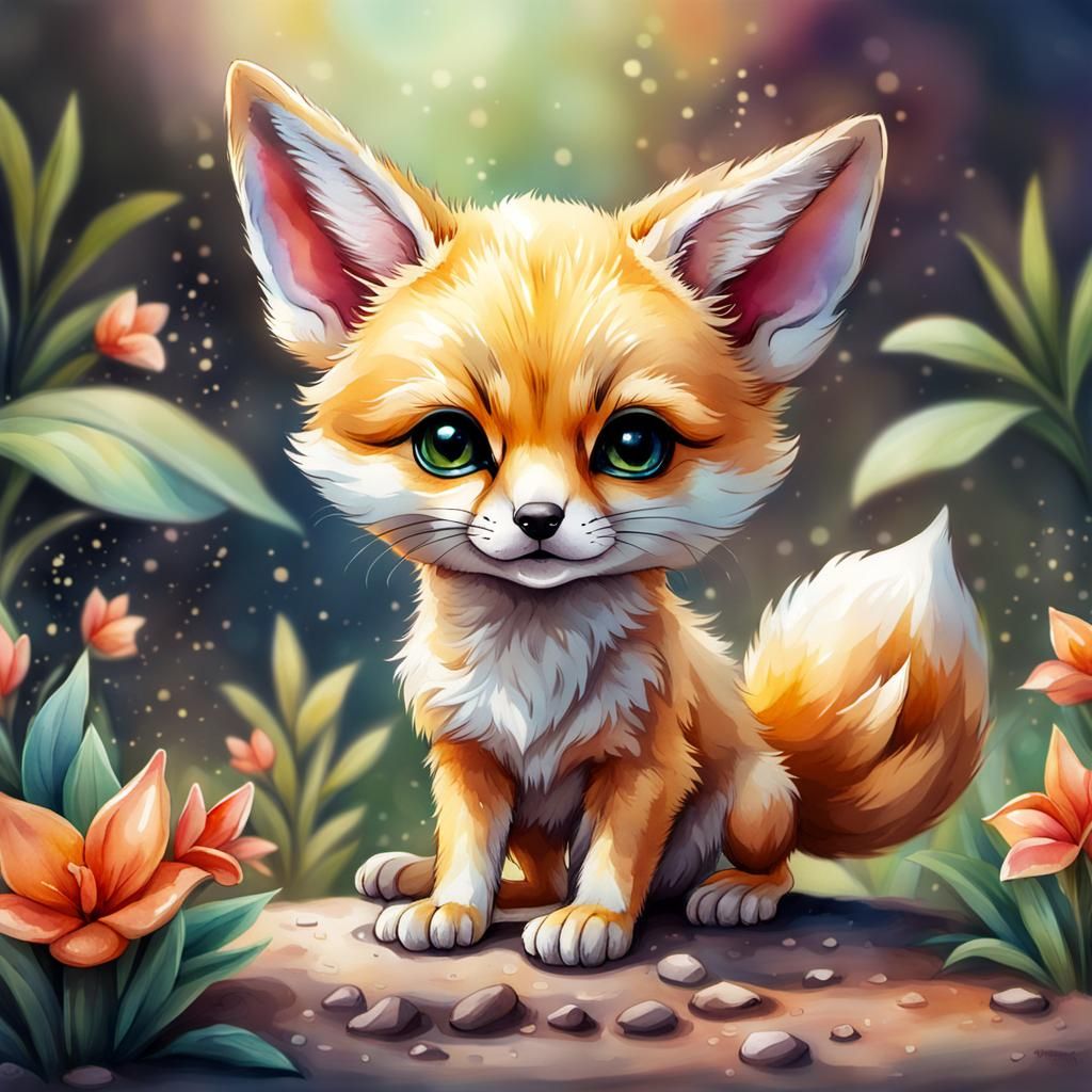 Watercolor Chibi Fennec Fox with Vignette Background
