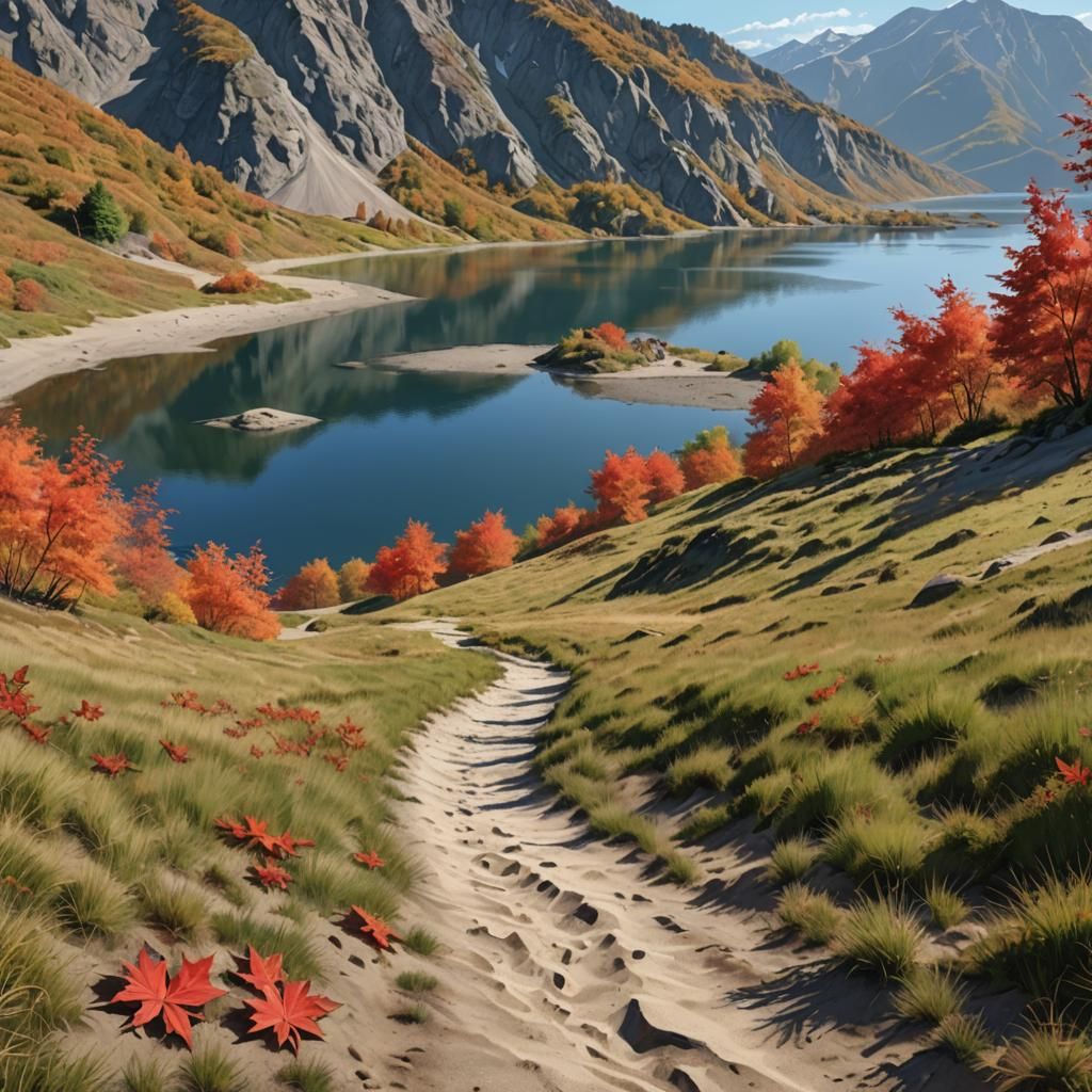 Vibrant Autumn Landscape with Burning Fire and Majestic Oaks