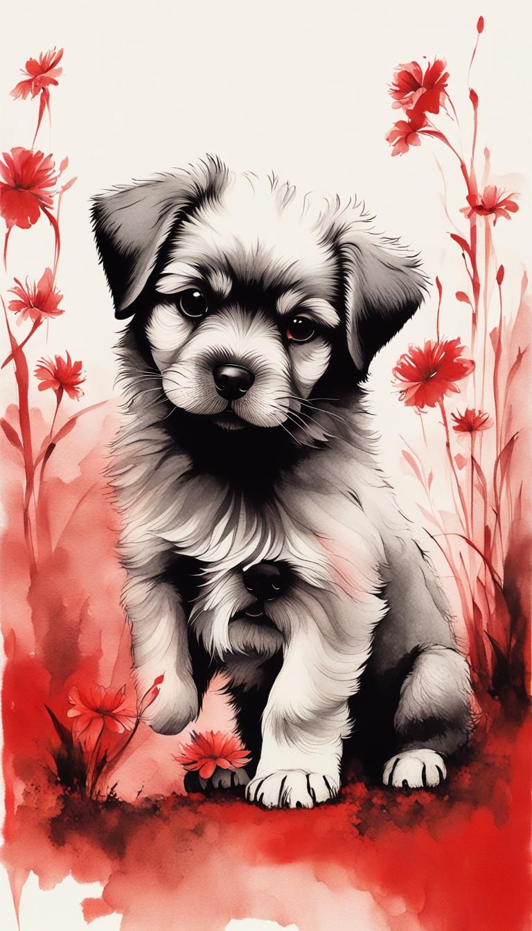 Minimalist Chinese Ink Painting of a Puppy