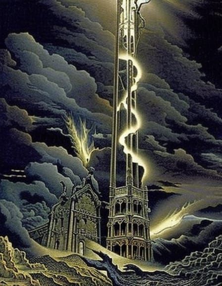 Tower Falls in Storm: Watercolour Fantasy Art