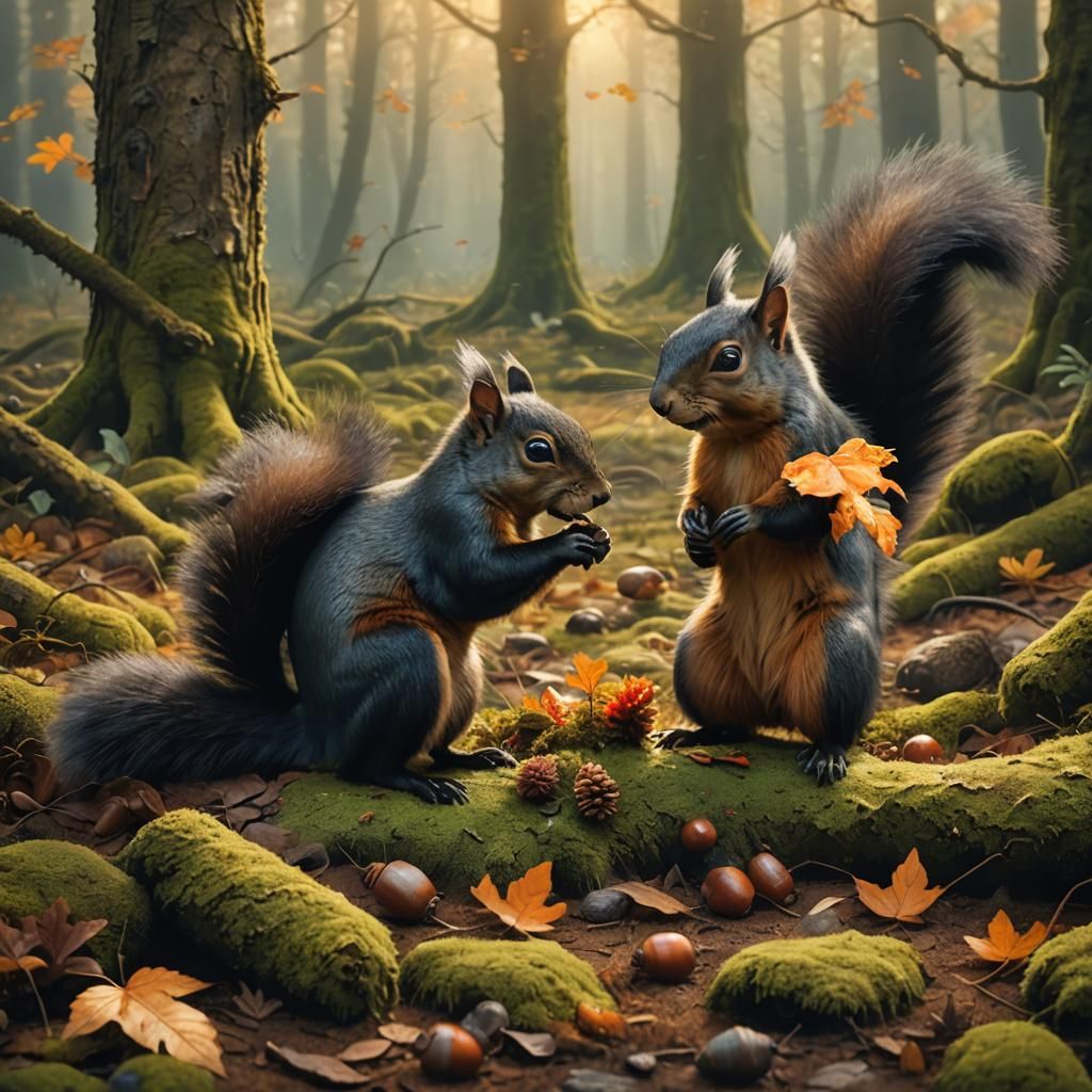 Squirrels Foraging in Autumnal Forest: Matte Painting