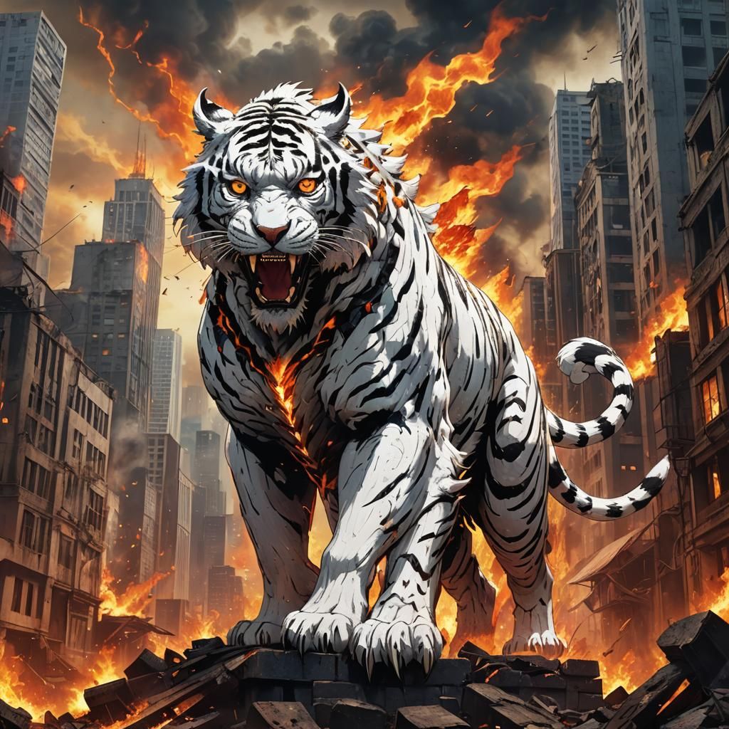 Kaiju Hell Storm: Hell-hound White Tiger in Anime Style