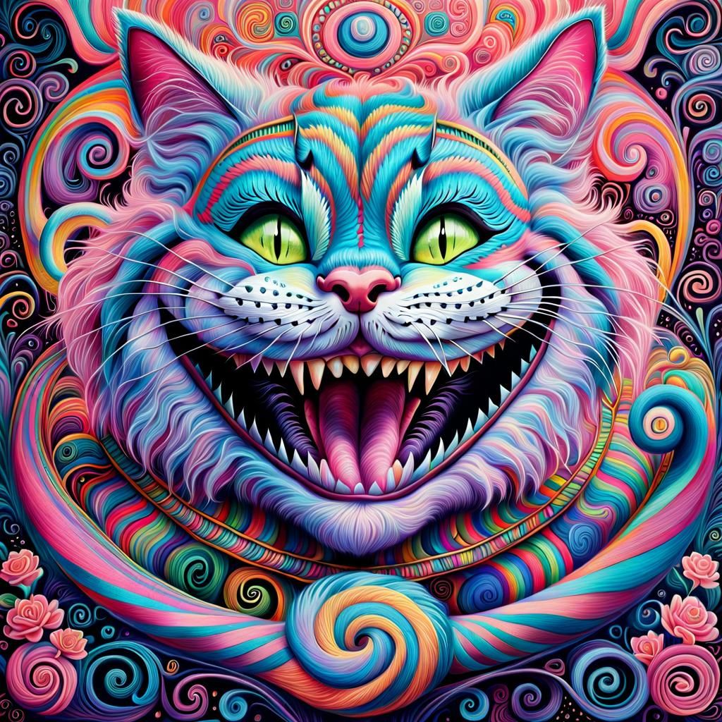 Psychedelic Cheshire Cat Writes "We Are All Mad Here"