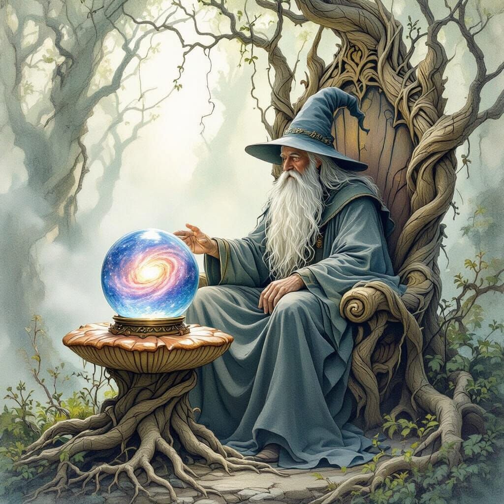 Wizard on Mushroom Throne in Watercolor Style