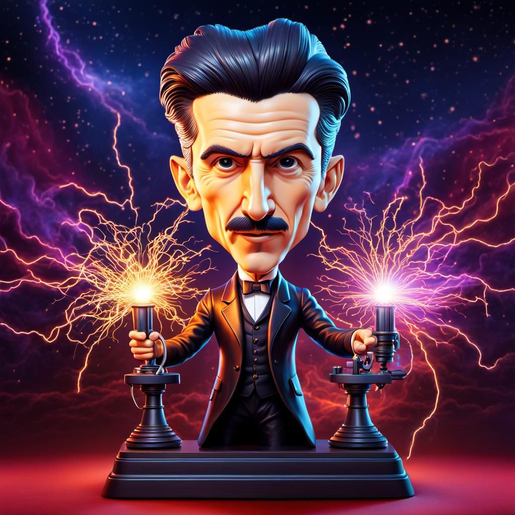Whimsical Bobblehead Nikola Tesla in Lab