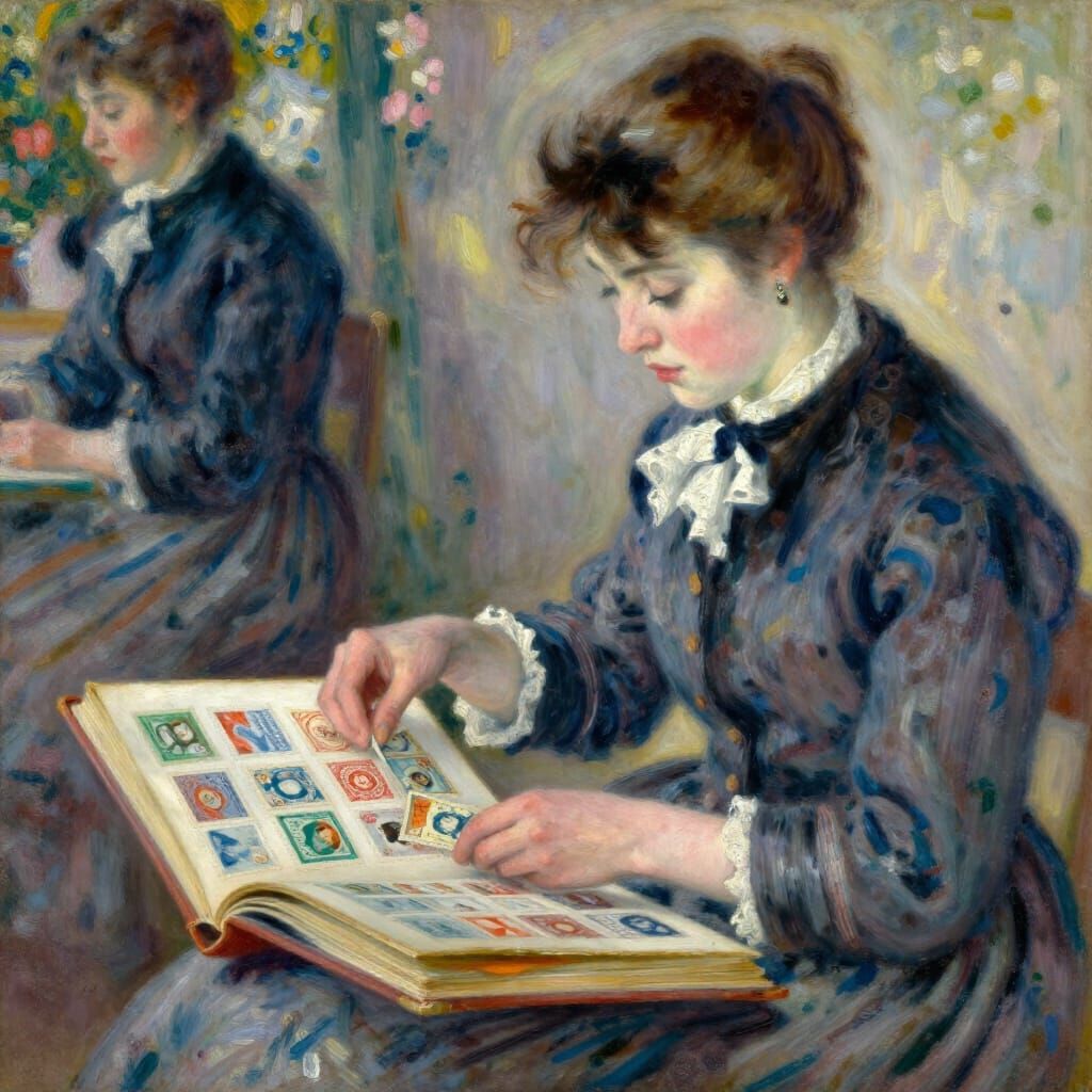 Impressionist Painting of Woman Collecting Stamps