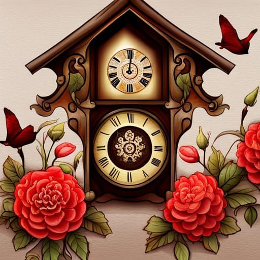 Ornate Cuckoo Clock with Floral Display