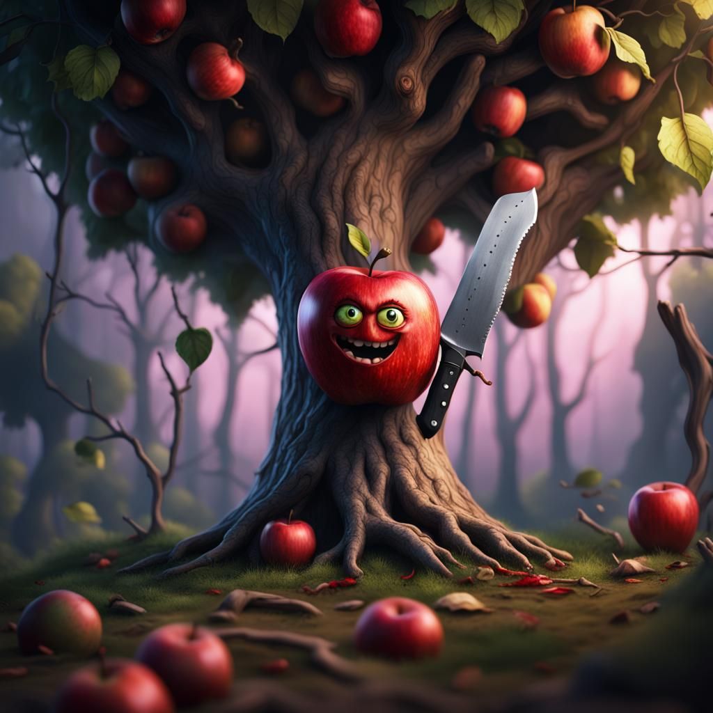 Creepy Apple with Knife in Children's Drawing Style
