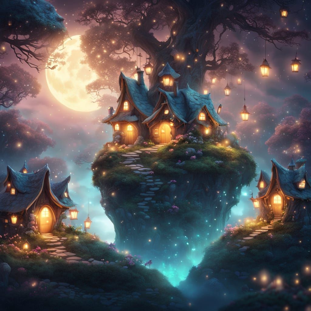 Magical Fairy Village Under Enchanted Moon