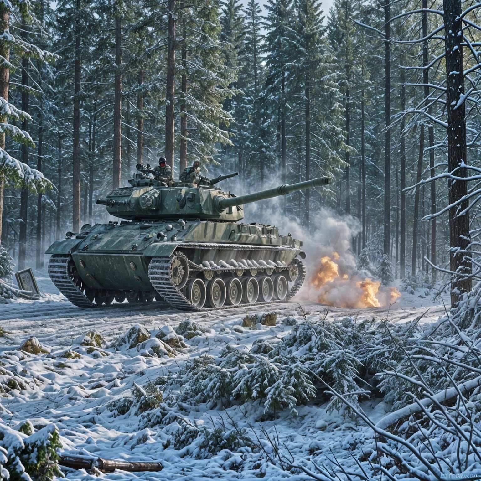 Intense Cold War Battlefield Scene with Tank
