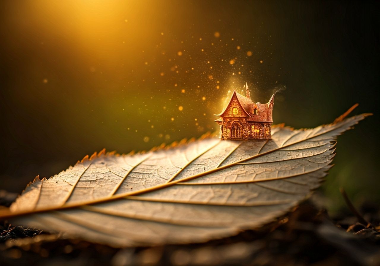 Tiny Fairy Village on Autumn Leaf Macro