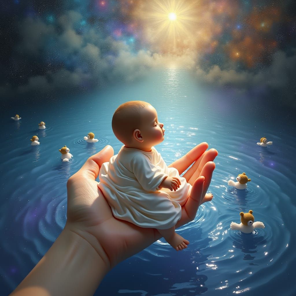 Divine Hand Baptizing Baby in Cosmic Lake